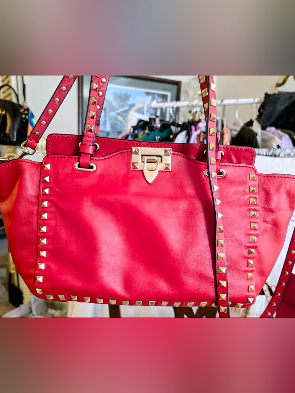 Valentino Garavani Rockstud Red Leather Bag Gold Stud Trim Handbag Tote - Picture 2 of 16